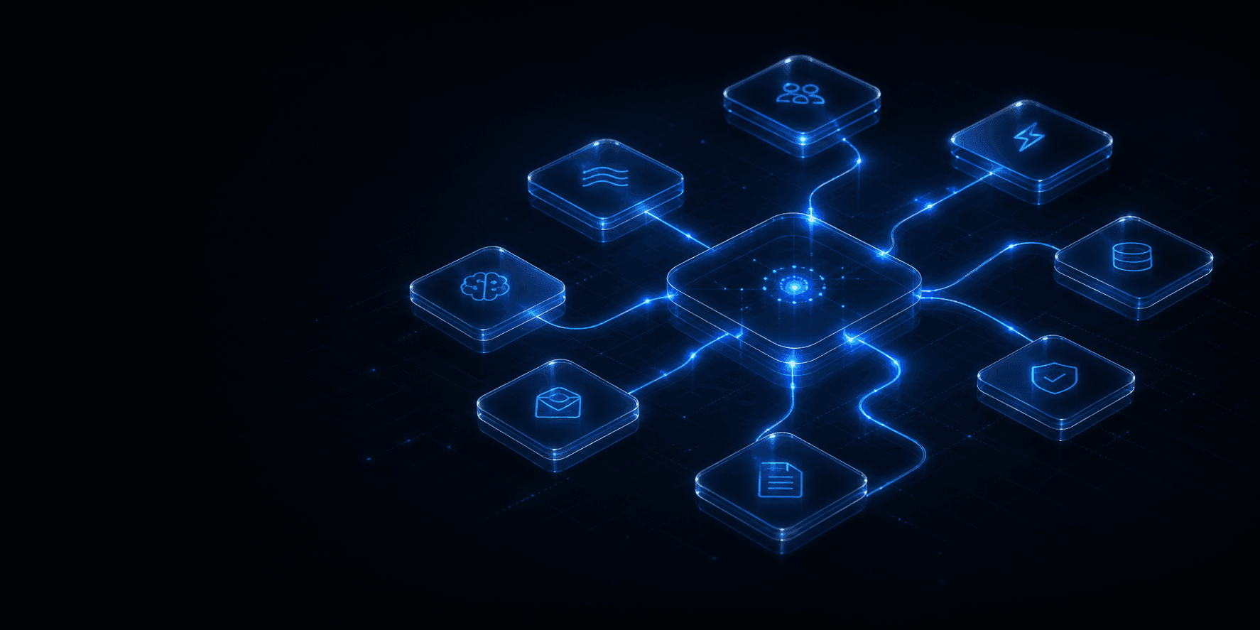 Abstract glass work graph connecting business signals, AI Coworkers, AI Automations, knowledge, records, approvals, and evidence